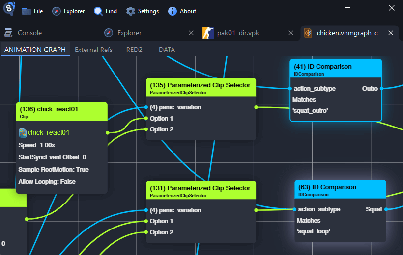 Screenshot of the animation graph viewer showing nodes